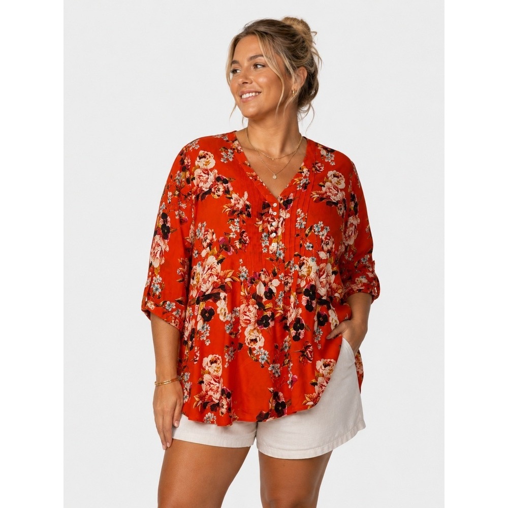 Rose + Olive Orange Red Floral Pintuck V-Neck 3/4 Sleeve Tunic Blouse Top 2X